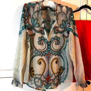 Konrad + Joseph Long Sleeve Sheer Keyhole Baroque Print Blouse; Women's S (6-8)